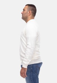 Pullover bianco a girocollo realizzato in materiale morbido, abbinato a jeans blu. Il pullover presenta polsini a costine e una linea aderente.