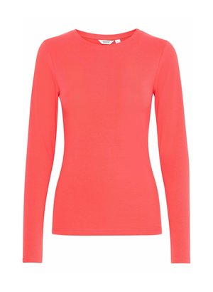 Camicia a maniche lunghe di colore corallo realizzata in un tessuto morbido e elasticizzato. Presenta un collo rotondo e una silhouette aderente. Senza motivi o dettagli visibili.