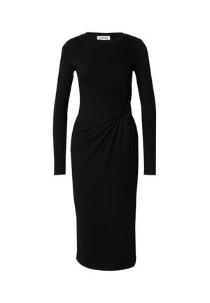 Schwarzes langärmeliges Kleid aus dehnbarem Stoff, mit einem verdrehten Knoten-Detail an der Taille und einer taillierten Silhouette.