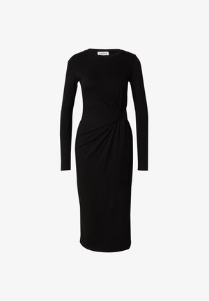 Schwarzes langärmeliges Kleid aus dehnbarem Stoff, mit einem verdrehten Knoten-Detail an der Taille und einer taillierten Silhouette.