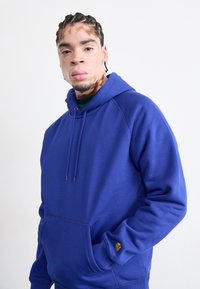 Blue cotton hoodie with a front pocket and drawstring hood. Features a golden logo on the sleeve and ribbed cuffs.
