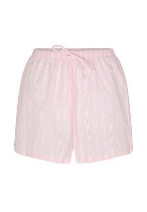 Light pink shorts with thin vertical white stripes and a drawstring waist, designed for casual or sleepwear use.