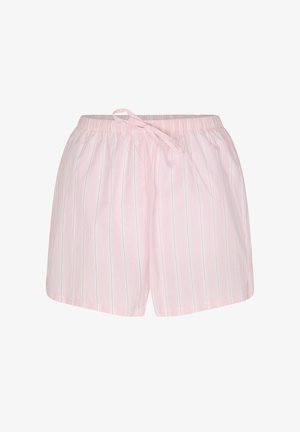 Light pink shorts with thin vertical white stripes and a drawstring waist, designed for casual or sleepwear use.