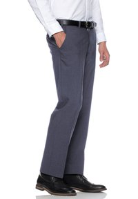 Men's navy trousers made from a textured fabric, featuring a straight-leg design and side pockets, paired with black shoes and a belt.