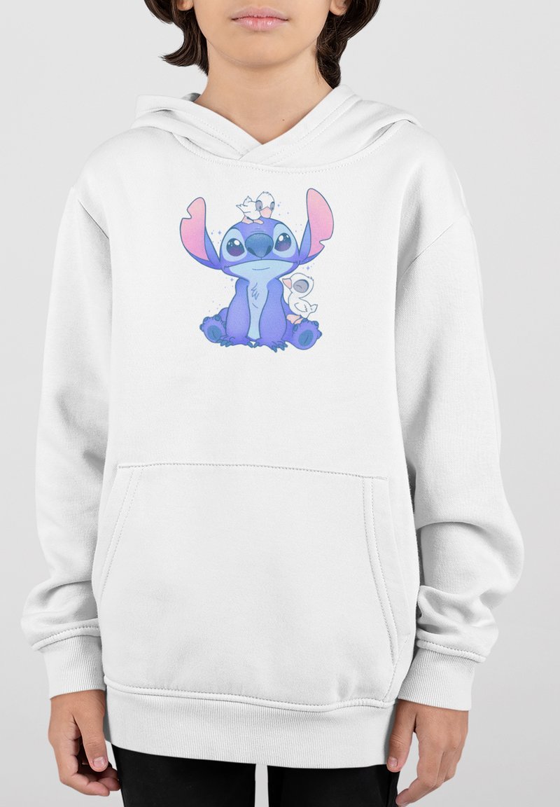 Sudadera blanca con un estampado de un personaje de dibujos animados en azul y púrpura en la parte frontal, con grandes orejas rosas y una expresión juguetona.