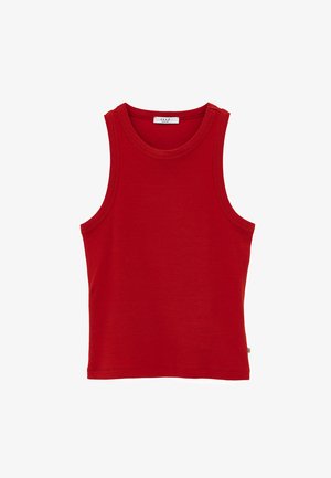 Rood mouwloos geribd tanktop met ronde halslijn en klein merklabel bij de halslijn en zijnnaad.