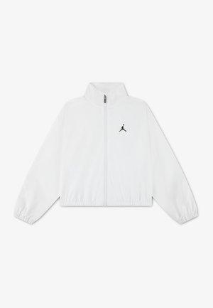 Biała kurtka na zamek z długimi rękawami, elastycznymi mankietami i dołem oraz małym czarnym logo Jumpman po lewej stronie klatki piersiowej.