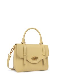 Borsa a tracolla in pelle gialla con design strutturato, dotata di manico superiore e tracolla rimovibile, accessori in metallo dorato e dettagli cuciti.