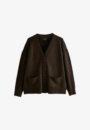 Brown cardigan with a V-neck, loose fit, and drop shoulder sleeves. Features a button front and two front pockets. Soft texture.