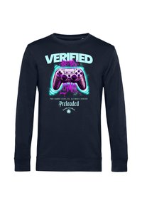 Felpa navy con un design grafico di un controller di gioco viola con accenti neon e testo che legge "VERIFICATO" e "Precaricato."