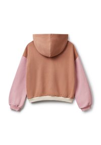 Cropped hoodie in brown and pink, featuring a hood, ribbed hem, and contrasting sleeves. Fabric has a soft texture with a relaxed fit.