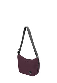 Lila Schultertasche mit einem grauen verstellbaren Trageriemen, zwei Reißverschlusstaschen, runder Form, glattem Stoff und seitlichen Mesh-Akzenten.