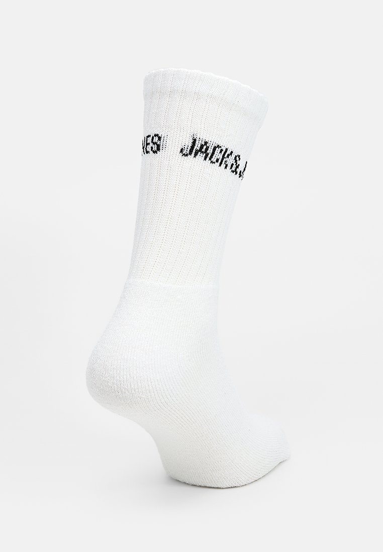 Weißer Baumwollsocken mit geripptem Muster, mit schwarzem Text "JACK&JONES" nahe der Oberkante. Knöchellang mit einer leicht gepolsterten Sohle.
