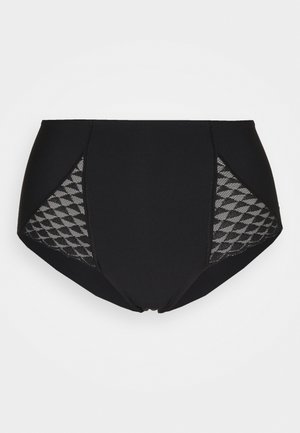 Musthave tumed nõrkkedega must bikiinipõhi, millel on kindel esipaneel ja mustrilised silmapaneelid, sujuva tekstuuri ja elastse vöökoha.