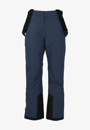 Pantalones de esquí azul marino con acentos negros, con tirantes ajustables, textura suave y dobladillos inferiores reforzados para mayor durabilidad y resistencia a las inclemencias del tiempo.