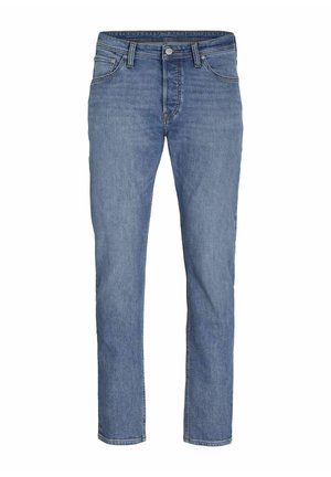 Jeans de mezclilla azul claro con diseño de pierna recta, cinco bolsillos y cierre delantero con botón, adornados con costuras en contraste.
