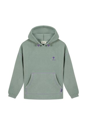 Felpa con cappuccio in pile verde chiaro con cuciture viola, tasca frontale, coulisse e piccolo logo a forma di albero viola sul petto.