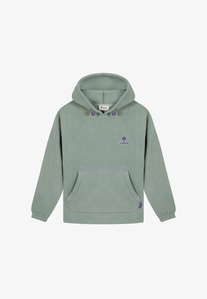 Felpa con cappuccio in pile verde chiaro con cuciture viola, tasca frontale, coulisse e piccolo logo a forma di albero viola sul petto.