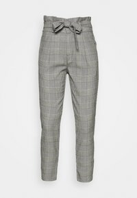 Gray checkered trousers with a high waist and a bow tie at the front. Features a smooth texture and tapered legs.