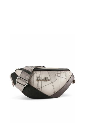 Beige und schwarz gemusterte Bauchtasche mit verstellbarem Riemen, Reißverschluss und silbernem "Anekke"-Logo auf der Vorderseite.