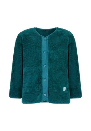 Teal blue fleece jacket with snap buttons, two front pockets, crew neckline, and textured soft fabric, unisex style.