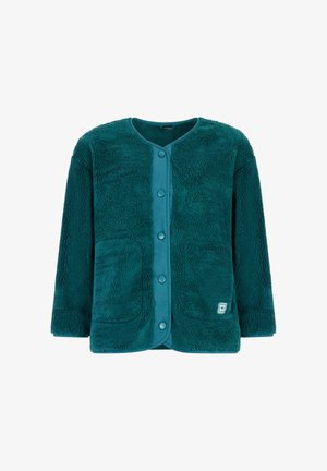 Tyrkysovo modrá fleecová bunda s patentkami, dvoma prednými vreckami, okrúhlym výstrihom a textúrovanou mäkkou tkaninou, unisex štýl.