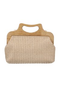 Sac à main beige tissé avec une poignée en bois, présentant une texture douce et une forme arrondie, idéal pour les sorties décontractées ou les événements.