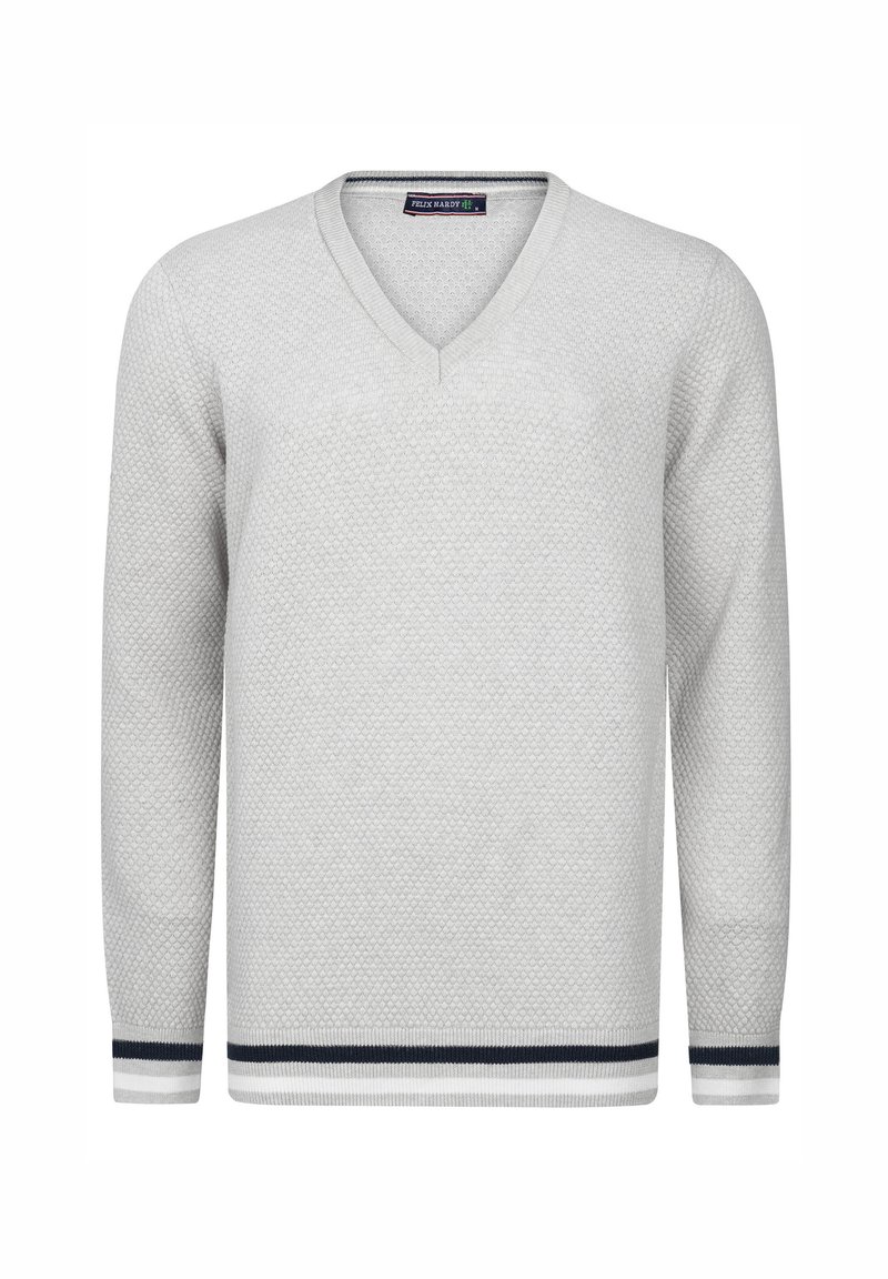 Heledhall hall v-kaelusega kootud sviiter, millel on tekstuurne muster, pikad varrukad ja tumesinised ja valged triibud mansettides ning ääres.