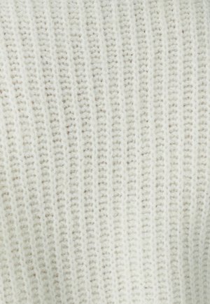 White knit fabric with a ribbed texture and subtle variations in thickness. Soft and fluffy appearance, ideal for warm clothing.