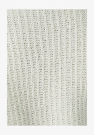 Biele pletené tkanivo s ribovanou textúrou a jemnými variáciami v hrúbke. Mäkký a nadýchaný vzhľad, ideálne pre teplé oblečenie.