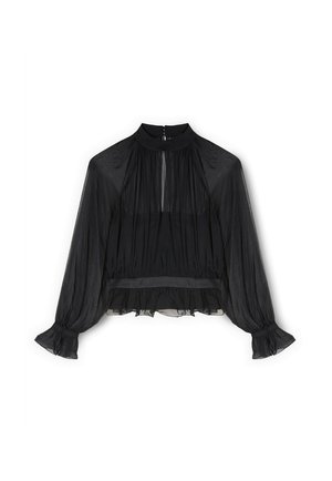 Blusa nera trasparente a maniche lunghe con colletto alto, tessuto arricciato, polsini elasticizzati e dettaglio di balza sull'orlo.