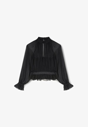 Blusa nera trasparente a maniche lunghe con colletto alto, tessuto arricciato, polsini elasticizzati e dettaglio di balza sull'orlo.