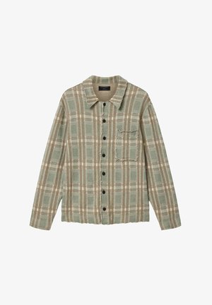 Langärmeliges Hemd zum Knöpfen mit hellgrün-beigem Karo-Muster, Brusttasche und ausgefransten Kanten an Kragen und Saum.