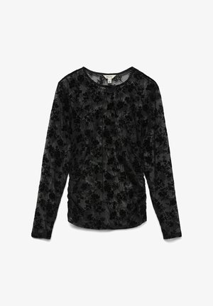 Sort langærmet top med blomstret velourtekstur, der har rund halsudskæring og samlet detalje i siden. Blødt og gennemsigtigt materiale.