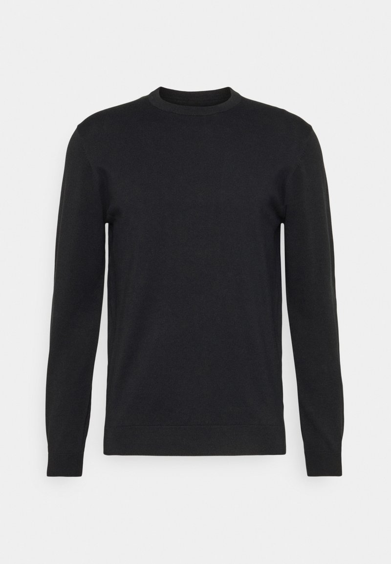 Sweater noir à manches longues avec col rond, fabriqué en tissu doux et uni ; il présente des poignets et un ourlet côtelés, avec un design classique et ajusté.