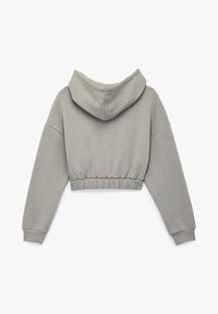 Lyhyt harmaa huppari, jossa on joustava helma ja pitkät hihat. Valmistettu pehmeästä materiaalista, jossa on sileä pinta. Yksinkertainen ja käytännöllinen muotoilu.
