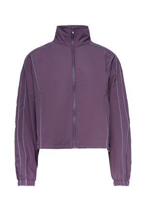 Lila Reißverschlussjacke mit hohem Kragen, langen Ärmeln, elastischen Bündchen und vertikalen reflektierenden Streifen an Ärmeln und Seiten.