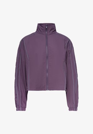 Lila Reißverschlussjacke mit hohem Kragen, langen Ärmeln, elastischen Bündchen und vertikalen reflektierenden Streifen an Ärmeln und Seiten.