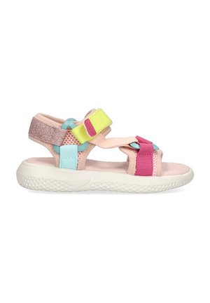 Sandalias de color rosa claro con tiras coloridas en amarillo, verde y rosa. Presentan una suela blanca texturizada y acentos de malla para una mejor transpirabilidad.