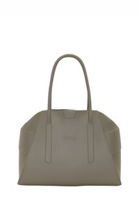 Bolso de mano verde oliva hecho de material liso y duradero. Cuenta con dos asas resistentes, un cuerpo espacioso y el logo de la marca en el frente.