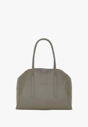 Olijfgroene handtas gemaakt van glad, duurzaam materiaal. Voorzien van twee stevige handvatten, een ruime body en het merklogo aan de voorkant.