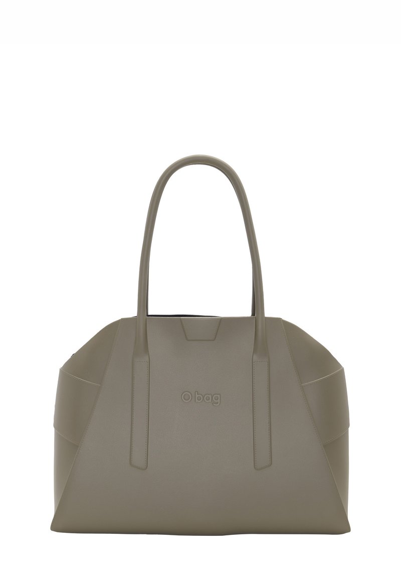 Bolso de mano verde oliva hecho de material liso y duradero. Cuenta con dos asas resistentes, un cuerpo espacioso y el logo de la marca en el frente.