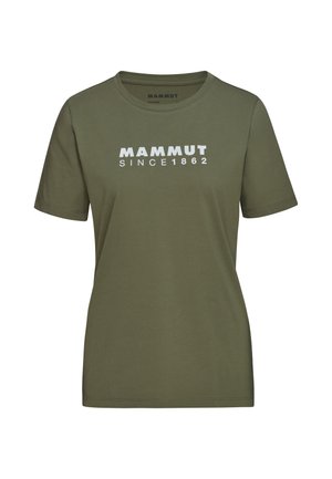 Olivgrünes Baumwoll-T-Shirt mit kurzen Ärmeln und Rundhalsausschnitt, mit weißem Aufdruck "MAMMUT SINCE 1862" auf der Vorderseite.