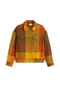 Chaqueta de cuadros colorida en tonos marrón, naranja, amarillo y verde. Presenta un cierre de botones en la parte delantera, dos bolsillos en el pecho y un diseño con cuello.