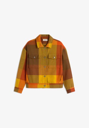 Chaqueta de cuadros colorida en tonos marrón, naranja, amarillo y verde. Presenta un cierre de botones en la parte delantera, dos bolsillos en el pecho y un diseño con cuello.
