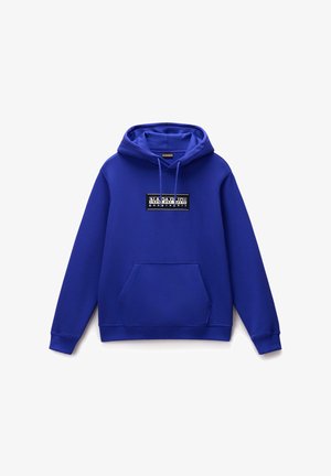 Niebieska bluza z kapturem, wykonana z bawełny. Posiada kieszeń z przodu, sznurek w kapturze oraz graficzne logo na prostokątnej łatce w białym i czarnym kolorze.