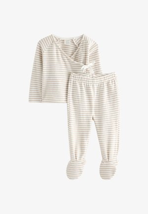 Stribet pyjamasæt i blødt, letvægtsstof. Toppen har indviklet design og bånd, mens bukserne har fodede ender og elastisk talje.