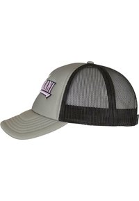 Grå caps med buet skygge, teksturert svart nett bak, og lilla broderte bokstaver på fronten. Har justerbar snapback-lukking.