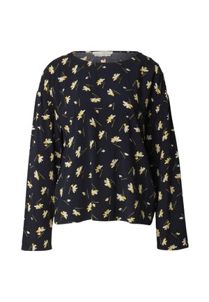 Marineblauwe blouse met lange mouwen met verspreide witte en gele madeliefjesprint en een ronde halslijn.