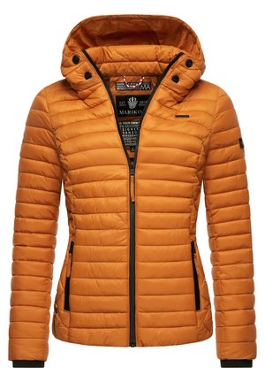 Orange puffer jacket with a hood, featuring quilted stitching, a front zipper, and side pockets. Black accents and branding inside.